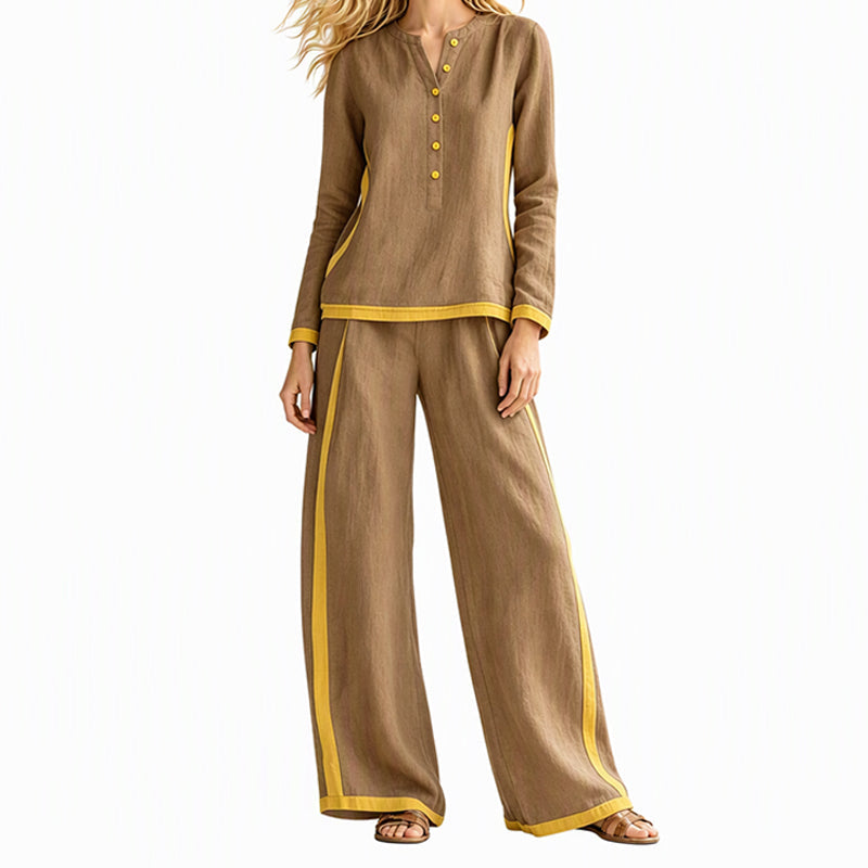 👖 Women's Colorblock Long Sleeve Top & Wide-Leg Pants Set