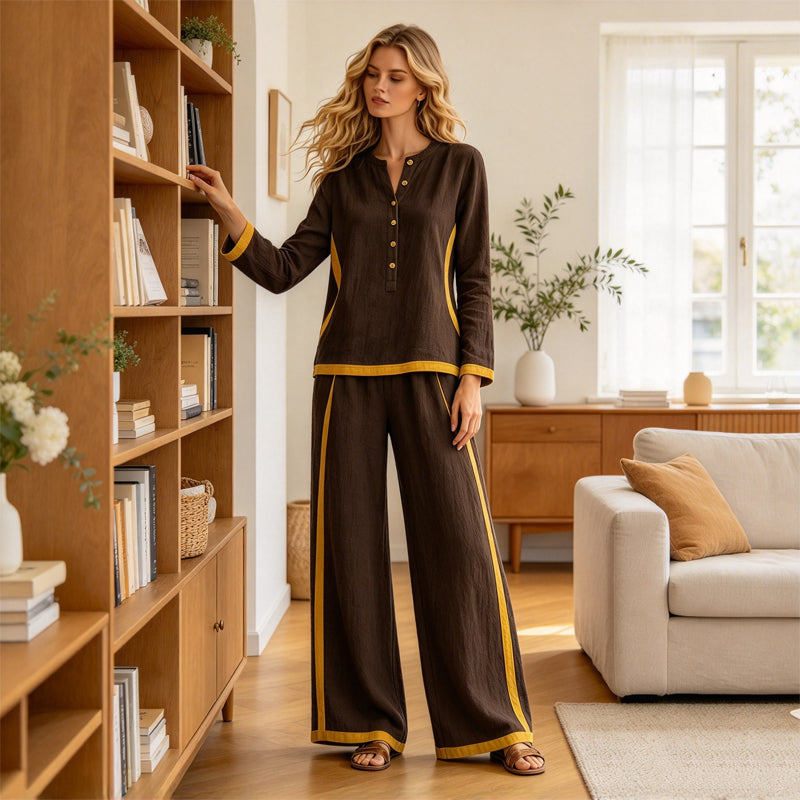 👖 Women's Colorblock Long Sleeve Top & Wide-Leg Pants Set