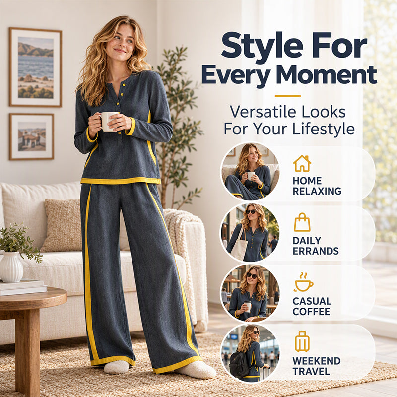 👖 Women's Colorblock Long Sleeve Top & Wide-Leg Pants Set