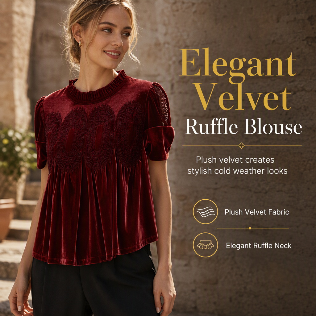 Women's Solid Short Sleeve Top with Ruffle Collar