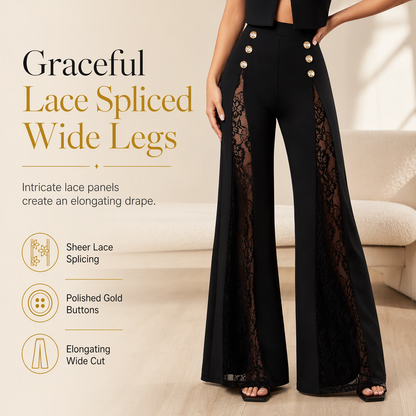 Women's High Waisted Lace Spliced Wide Leg Trousers with Decorative Gold Buttons