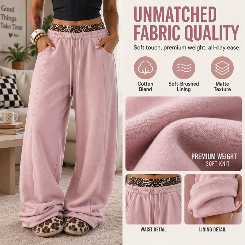 🐆Women’s Contrast Leopard Waistband Wide Leg Sweatpants, Soft Casual Patchwork Trousers👖