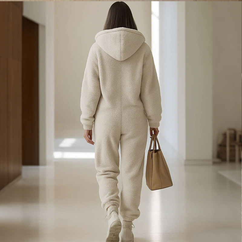 Women's Warm Zip-Up Hooded Jumpsuit with Pockets