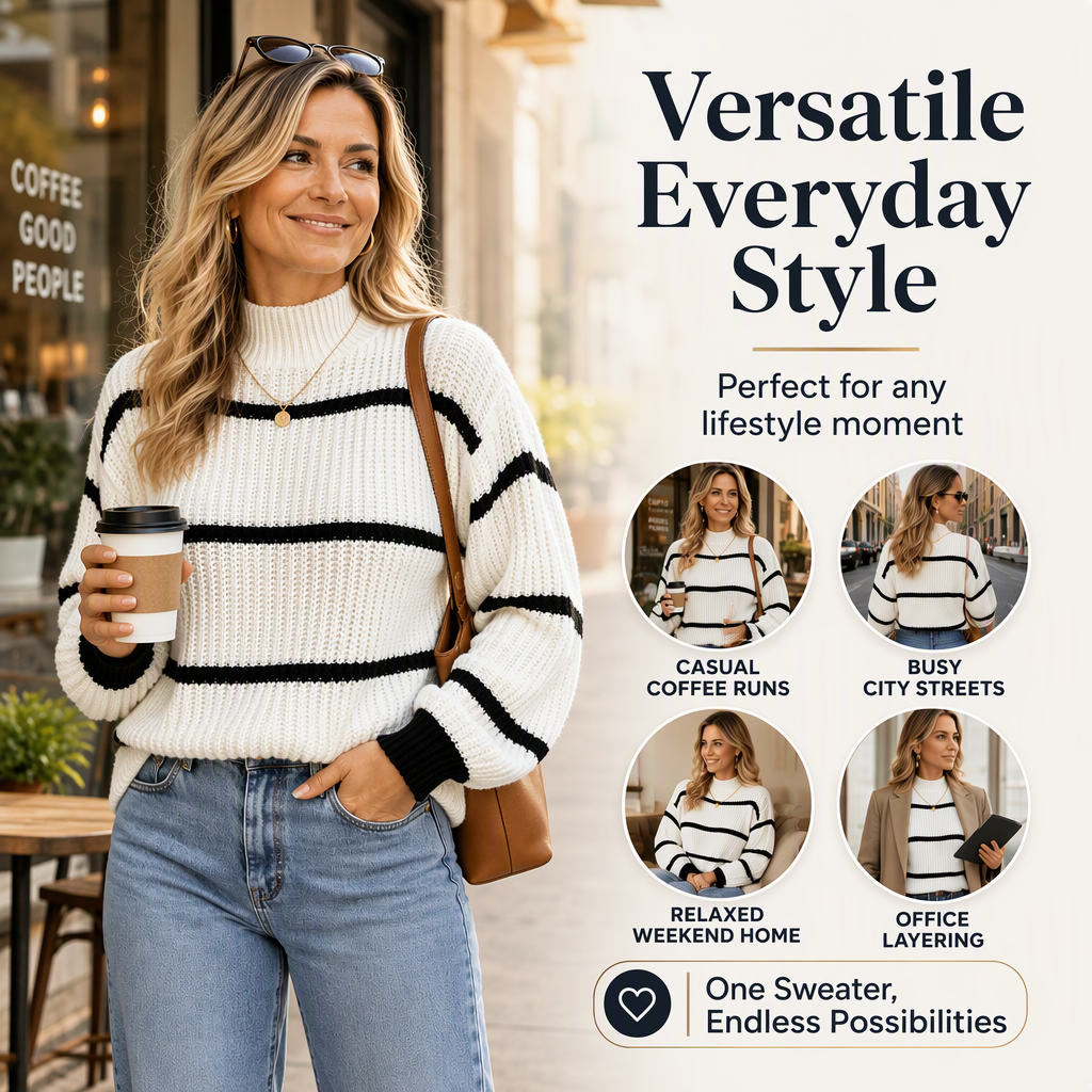 Women's Mock Neck Striped Knit Sweater