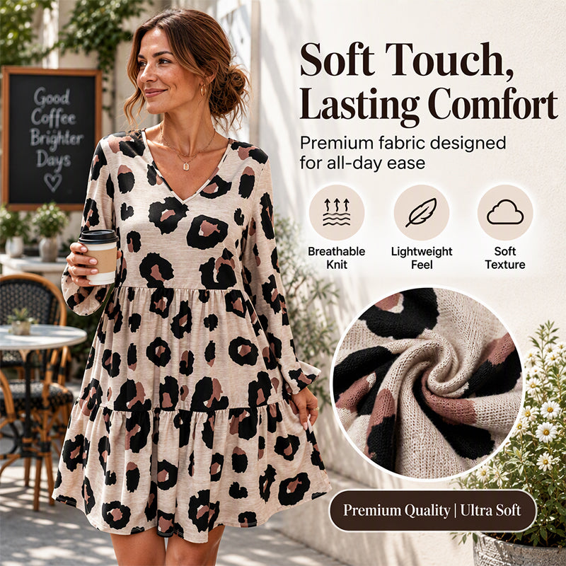 💖Black Friday Mega Deal – 50% off!💖 🐆Women's Leopard Print V-Neck Long Sleeve Dress