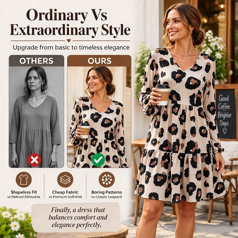 💖Black Friday Mega Deal – 50% off!💖 🐆Women's Leopard Print V-Neck Long Sleeve Dress