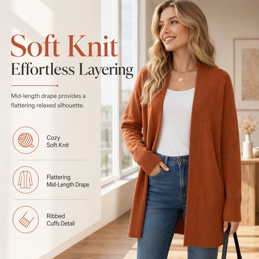Women's Mid-Length Open Front Knit Cardigan Sweater with Ribbed Cuffs
