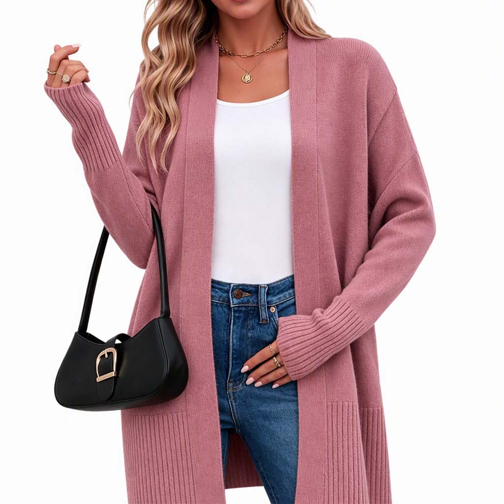 Women's Mid-Length Open Front Knit Cardigan Sweater with Ribbed Cuffs