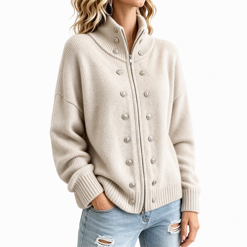 Women's Stand Collar Double-Breasted Knit Cardigan