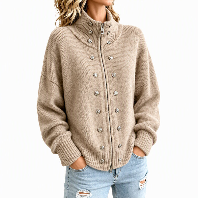 Women's Stand Collar Double-Breasted Knit Cardigan