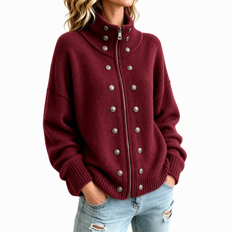 Women's Stand Collar Double-Breasted Knit Cardigan