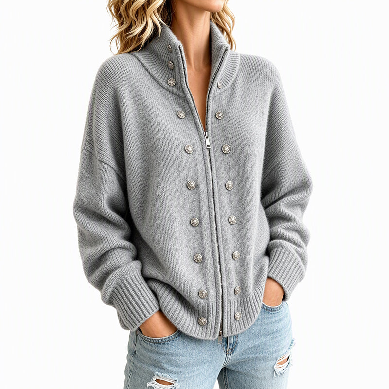 Women's Stand Collar Double-Breasted Knit Cardigan