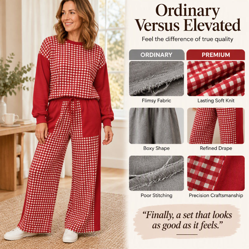 Women's Gingham Long Sleeve Top & Wide-Leg Pants Set