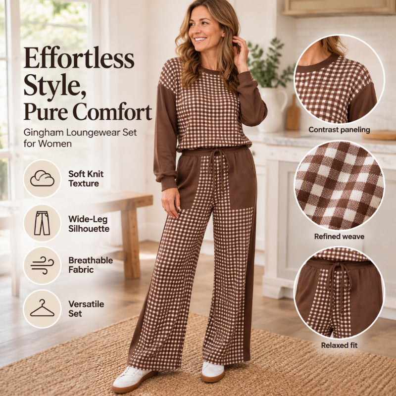 Women's Gingham Long Sleeve Top & Wide-Leg Pants Set