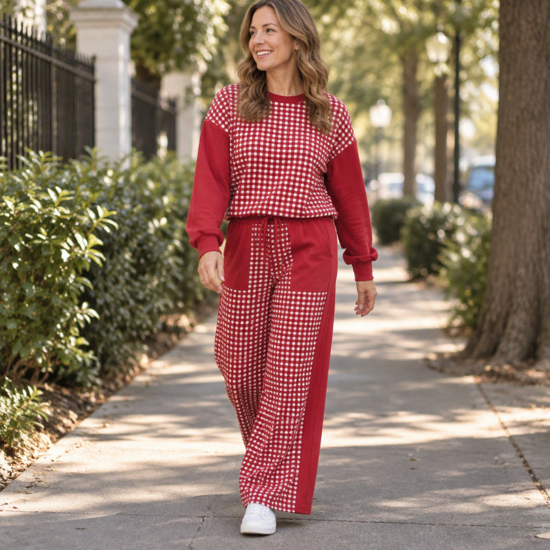 Women's Gingham Long Sleeve Top & Wide-Leg Pants Set