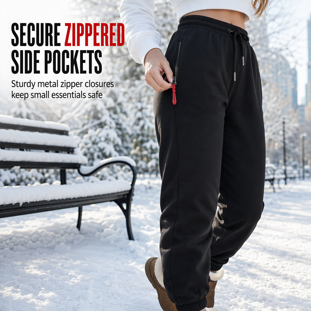 Women's Fleece Lined Winter Jogger Pants with Zipper Pockets