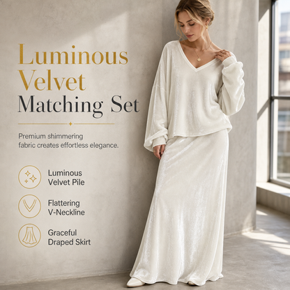 Women's Solid Color Velvet Two Piece Set with Deep V Neck Loose Sweatshirt and Flared Maxi Skirt