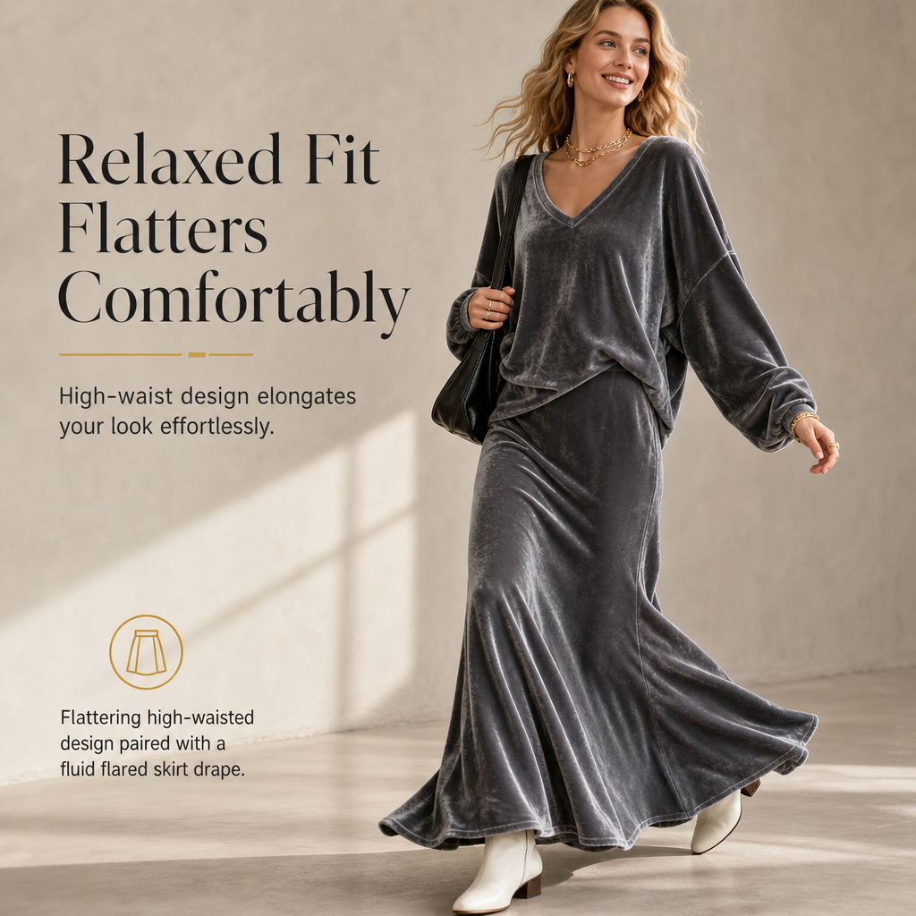 Women's Solid Color Velvet Two Piece Set with Deep V Neck Loose Sweatshirt and Flared Maxi Skirt