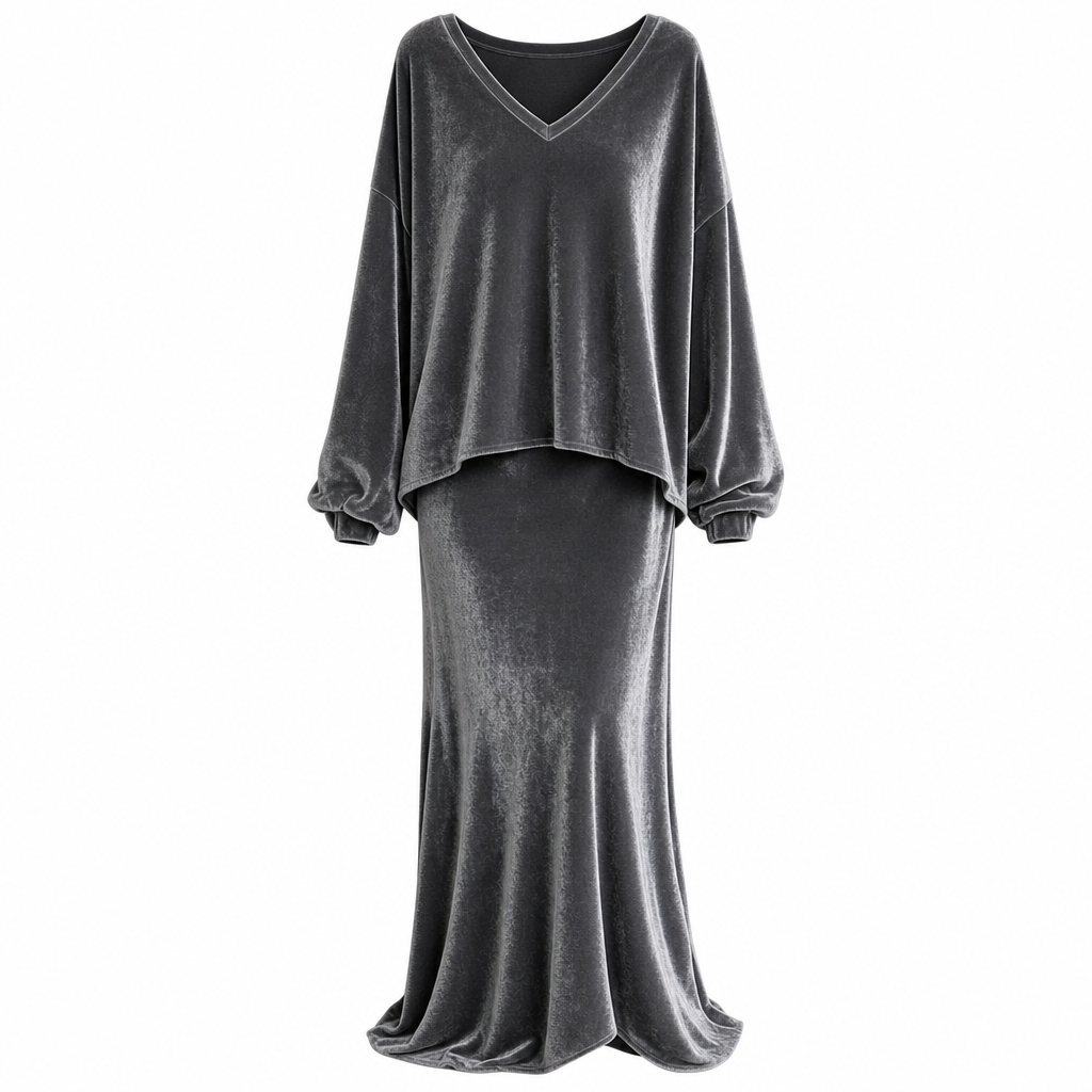 Women's Solid Color Velvet Two Piece Set with Deep V Neck Loose Sweatshirt and Flared Maxi Skirt