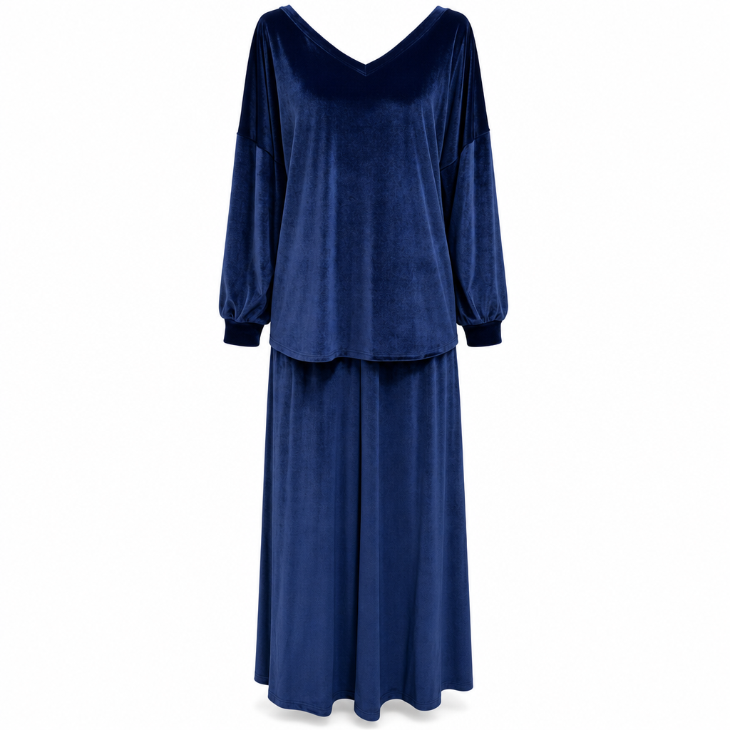 Women's Solid Color Velvet Two Piece Set with Deep V Neck Loose Sweatshirt and Flared Maxi Skirt