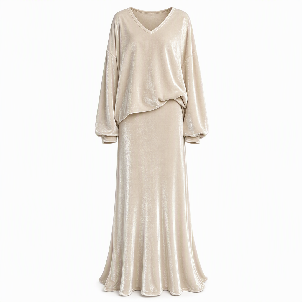 Women's Solid Color Velvet Two Piece Set with Deep V Neck Loose Sweatshirt and Flared Maxi Skirt