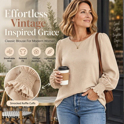 Women's Elegant Crewneck Smocked Cuff Top