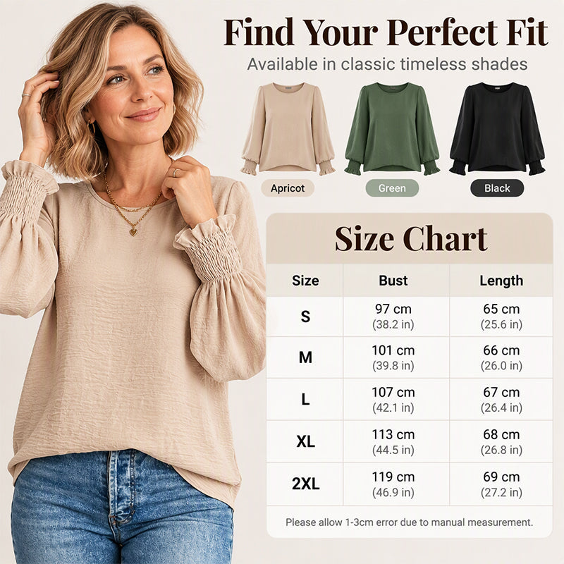 Women's Elegant Crewneck Smocked Cuff Top