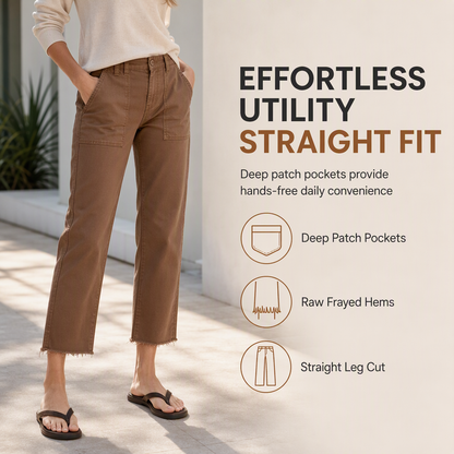 Women's Casual Utility Cropped Pants with Raw Frayed Hem and Deep Patch Pockets