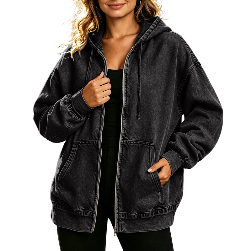Women's Loose Zip-Up Hooded Denim Jacket