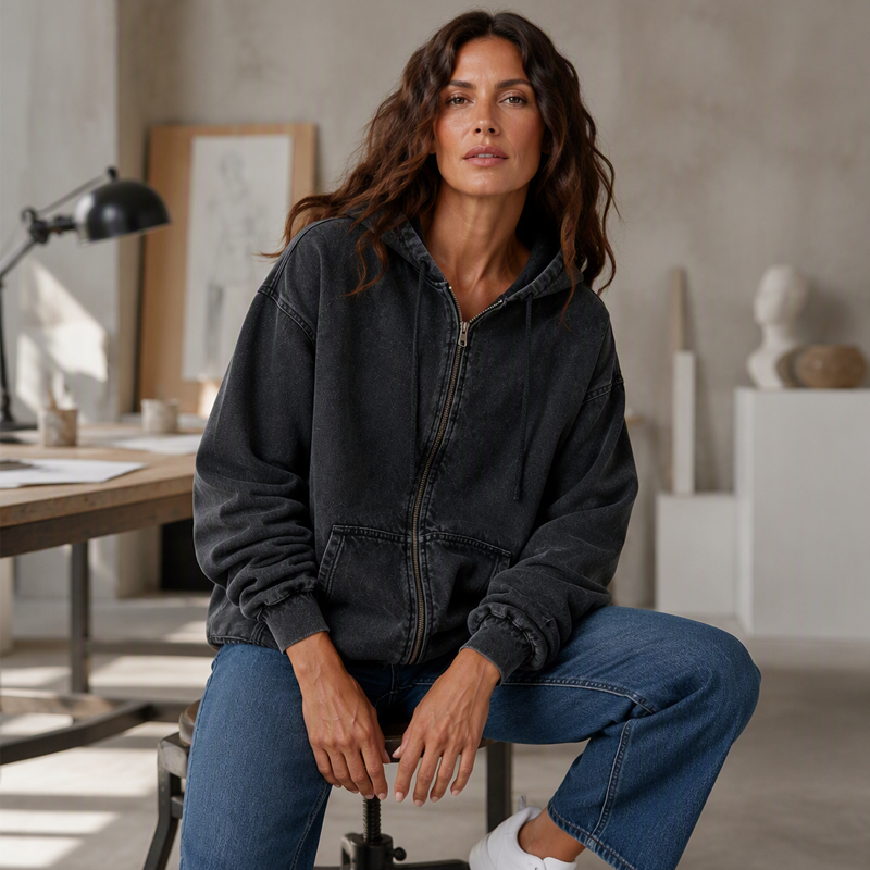 Women's Loose Zip-Up Hooded Denim Jacket