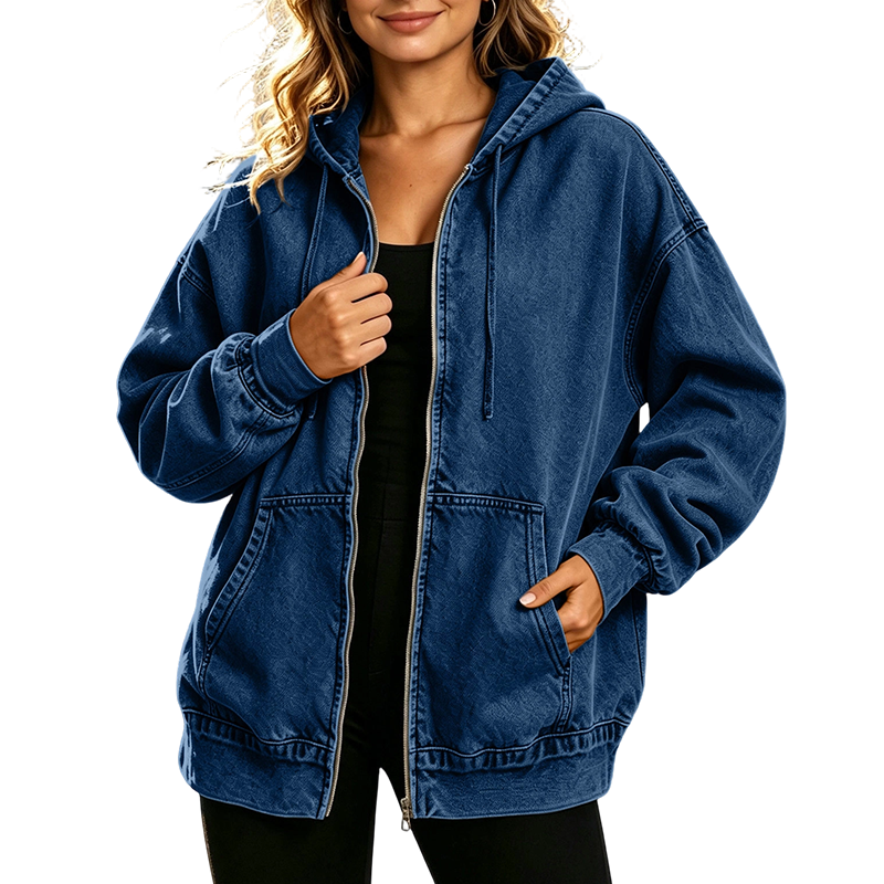 Women's Loose Zip-Up Hooded Denim Jacket