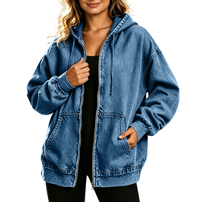 Women's Loose Zip-Up Hooded Denim Jacket