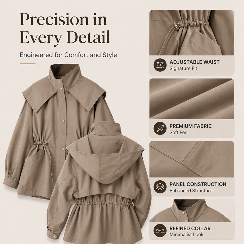 🎉✨ Women's Chic Drawstring Waist Hooded Jacket – Flattering Drawstring Waist, Cozy Hood & Relaxed Fit – Perfect for Fall, Casual Days & Everyday Style