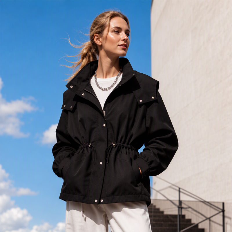🎉✨ Women's Chic Drawstring Waist Hooded Jacket – Flattering Drawstring Waist, Cozy Hood & Relaxed Fit – Perfect for Fall, Casual Days & Everyday Style