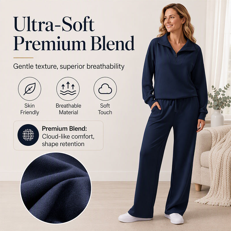 🖤Black Friday Sale:50% OFF🖤 ☁️ Women's Half-Zip Lapel Top and Wide-Leg Pants Set