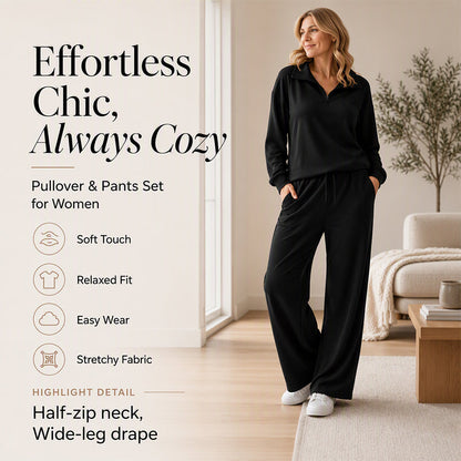 🖤Black Friday Sale:50% OFF🖤 ☁️ Women's Half-Zip Lapel Top and Wide-Leg Pants Set
