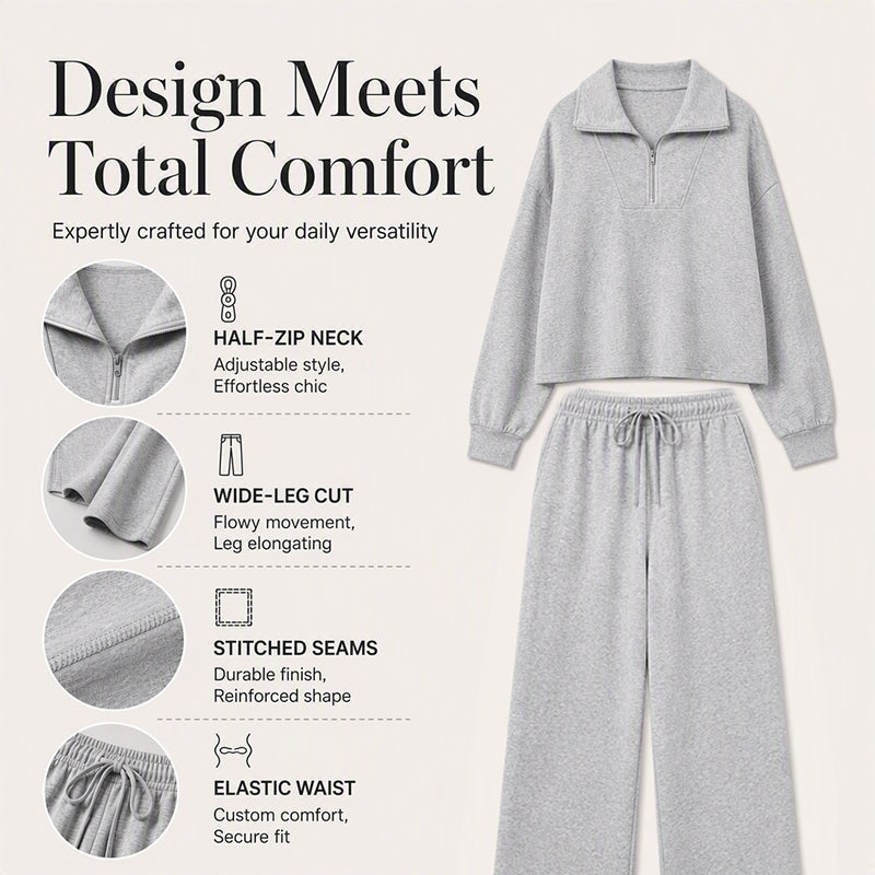 🖤Black Friday Sale:50% OFF🖤 ☁️ Women's Half-Zip Lapel Top and Wide-Leg Pants Set