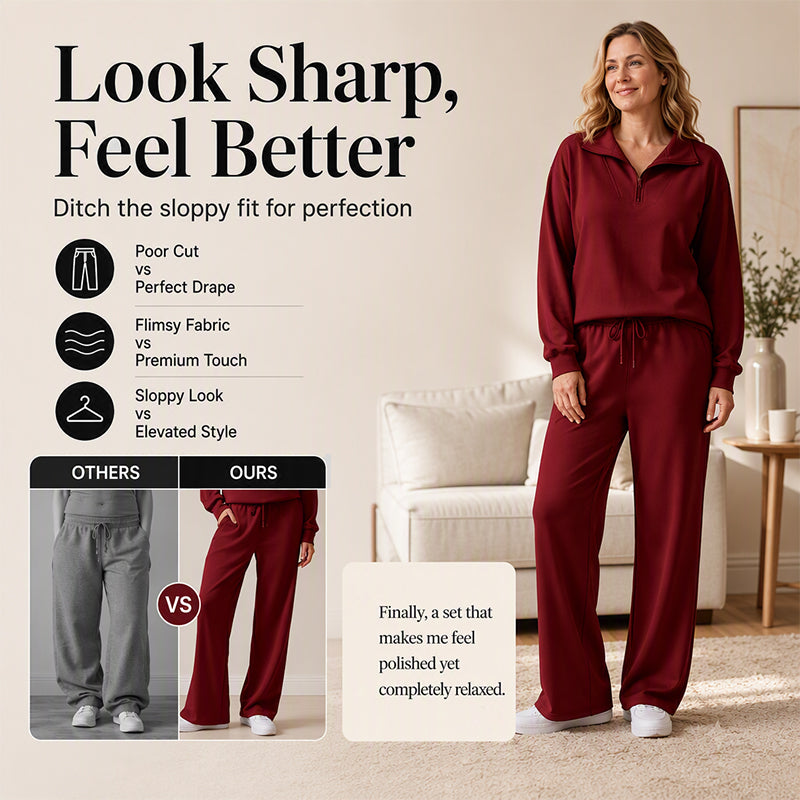 🖤Black Friday Sale:50% OFF🖤 ☁️ Women's Half-Zip Lapel Top and Wide-Leg Pants Set