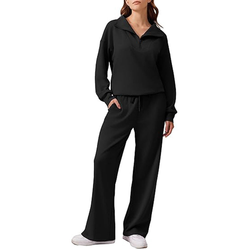 🖤Black Friday Sale:50% OFF🖤 ☁️ Women's Half-Zip Lapel Top and Wide-Leg Pants Set