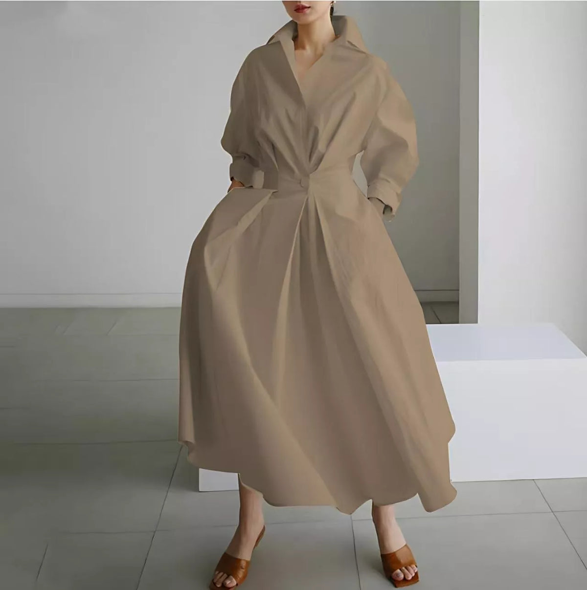 🖤Black Friday Sale:50% OFF🖤 😎 Elegant Women Cotton Linen Solid Color Shirt Dress with Turn Down Collar Elastic Waist