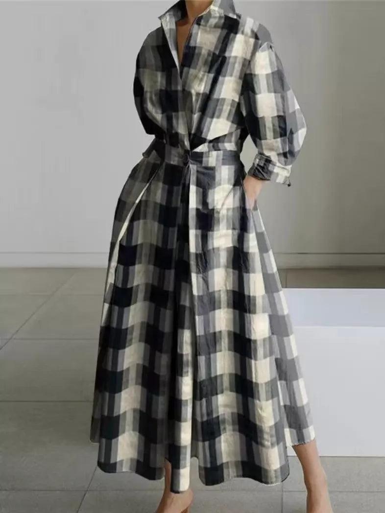 🖤Black Friday Sale:50% OFF🖤 😎 Elegant Women Cotton Linen Solid Color Shirt Dress with Turn Down Collar Elastic Waist