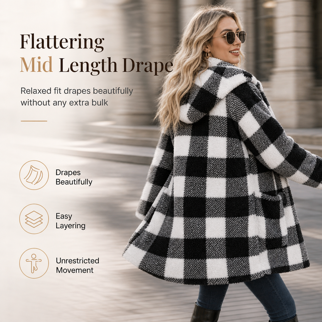 Women's Long Sleeve Plaid Faux Shearling Hooded Coat