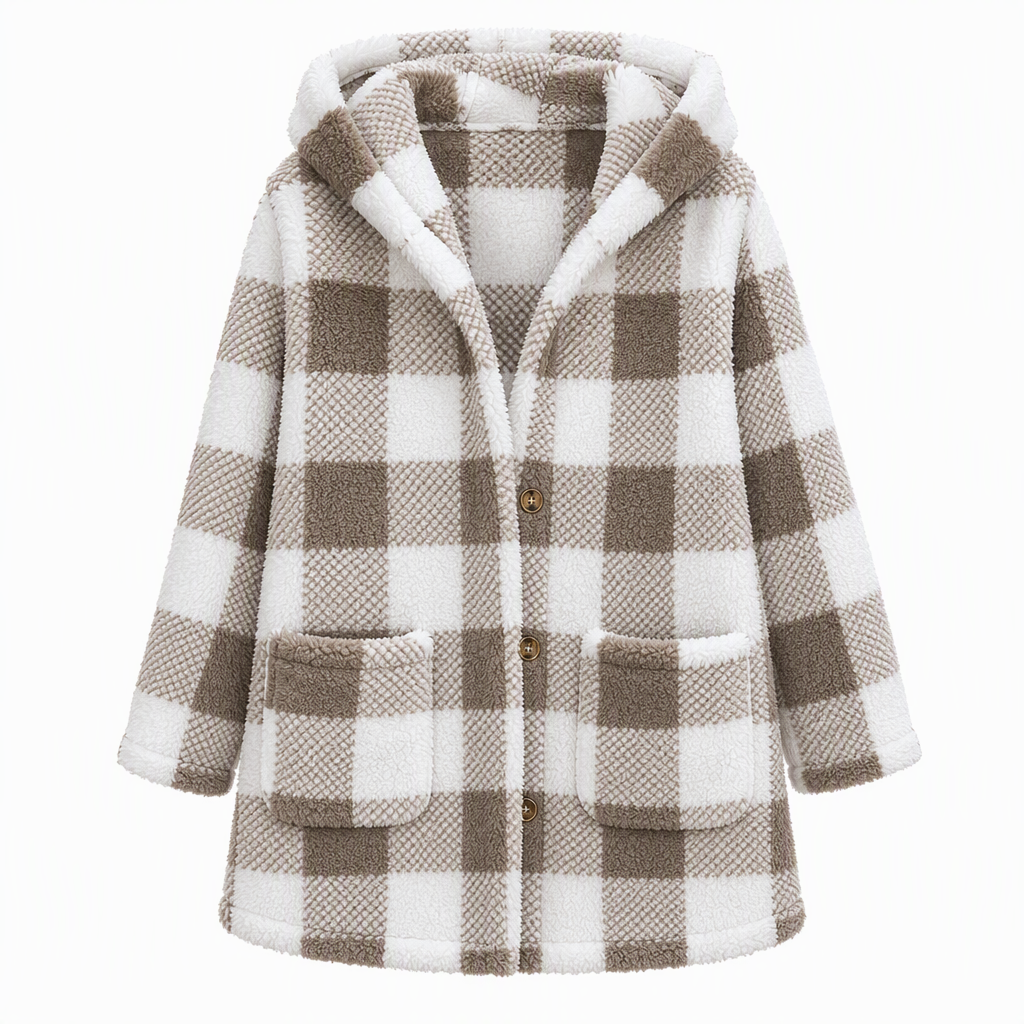 Women's Long Sleeve Plaid Faux Shearling Hooded Coat