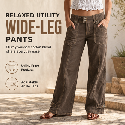 Women's Washed Cotton Blend Utility Wide Leg Pants with Contrast Stitching