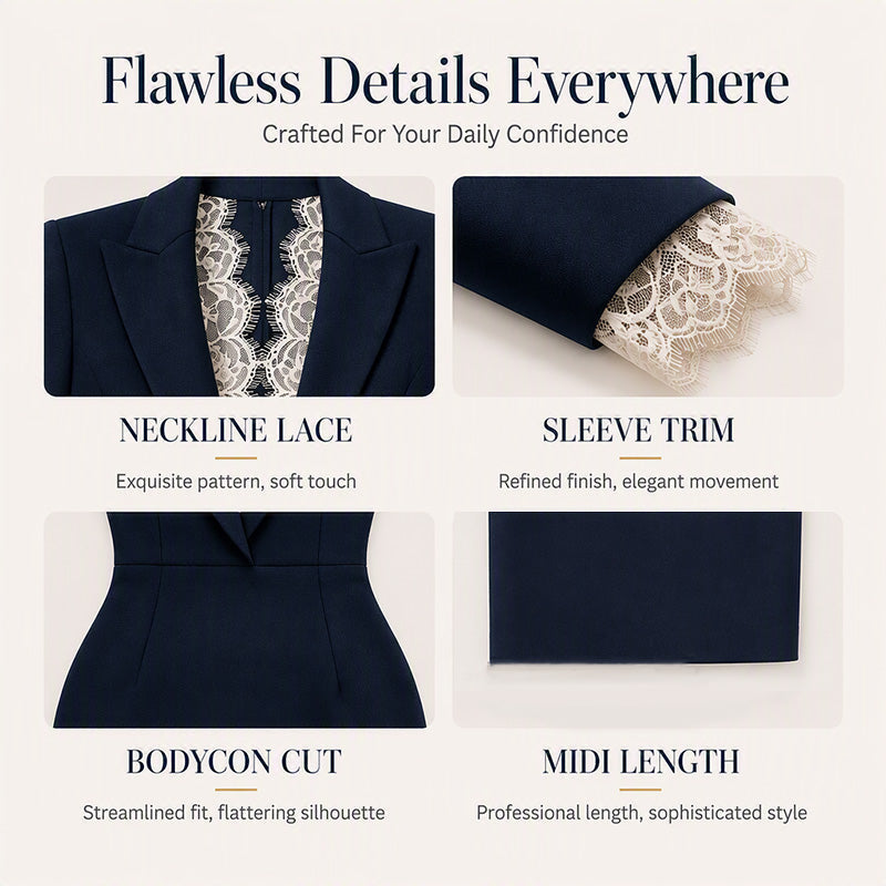 Women's Lapel Lace Spliced Long Sleeve Bodycon Dress