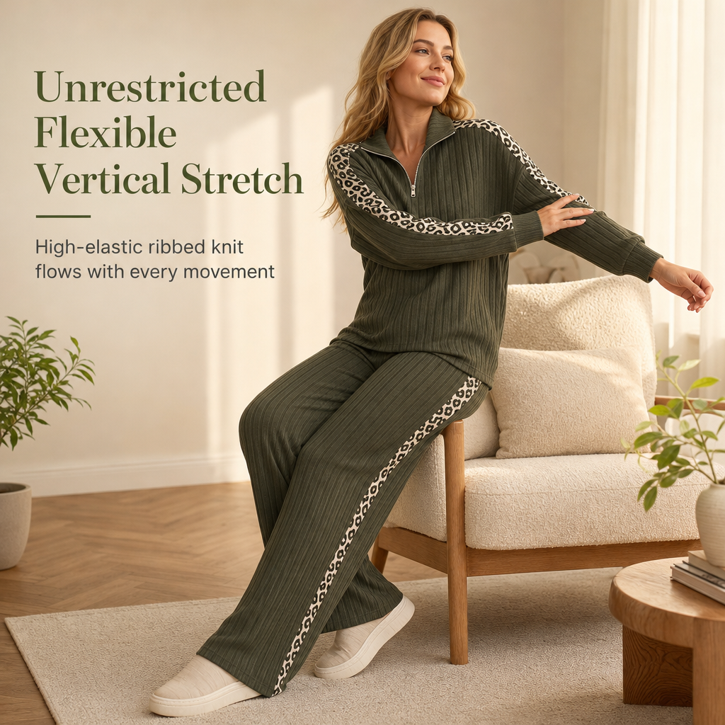 Women's Ribbed Knit Two-Piece Loungewear Set with Quarter-Zip Pullover and Wide-Leg Pants Featuring Leopard Print Accent Panels