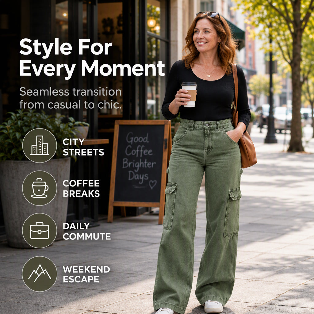 Women's High-Waisted Stretch Denim Cargo Pants