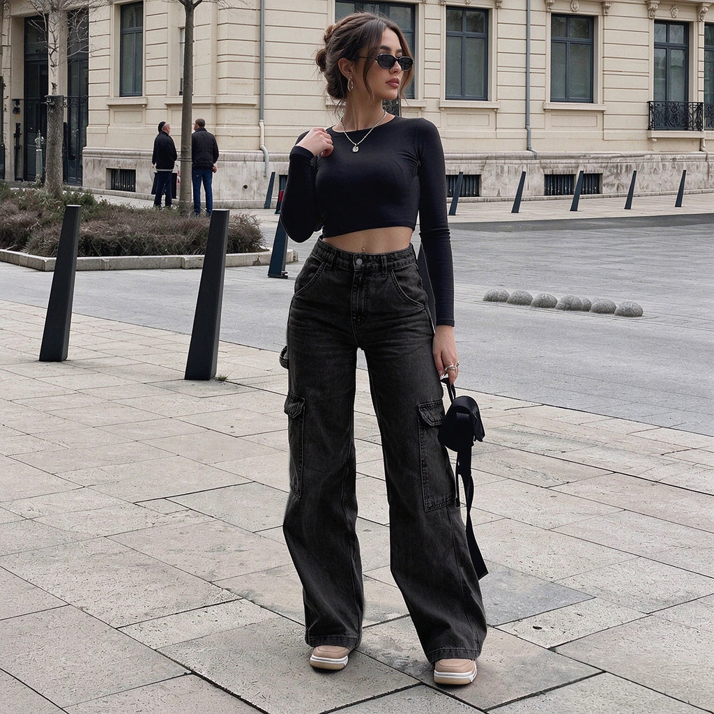 Women's High-Waisted Stretch Denim Cargo Pants