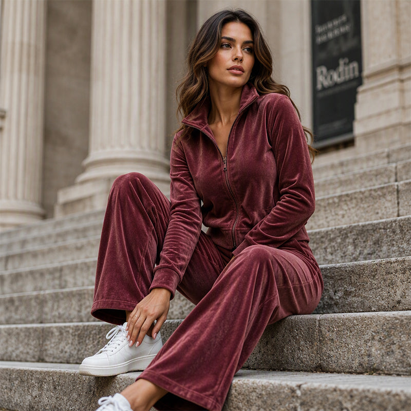 Women's Faux Suede Zip-Up Jacket & Pants Set
