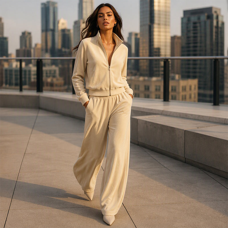 Women's Faux Suede Zip-Up Jacket & Pants Set